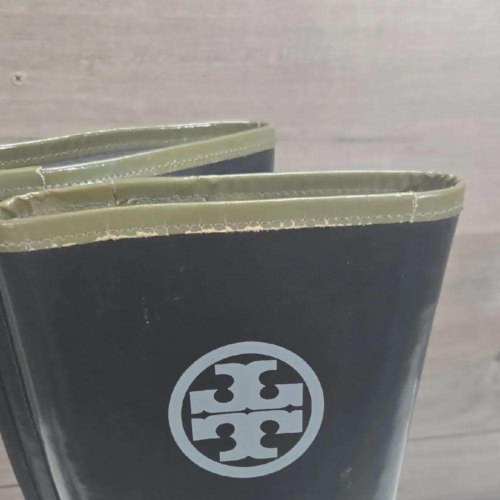 Tory Burch Black/Gray Rain Boots with Logo Sz 9